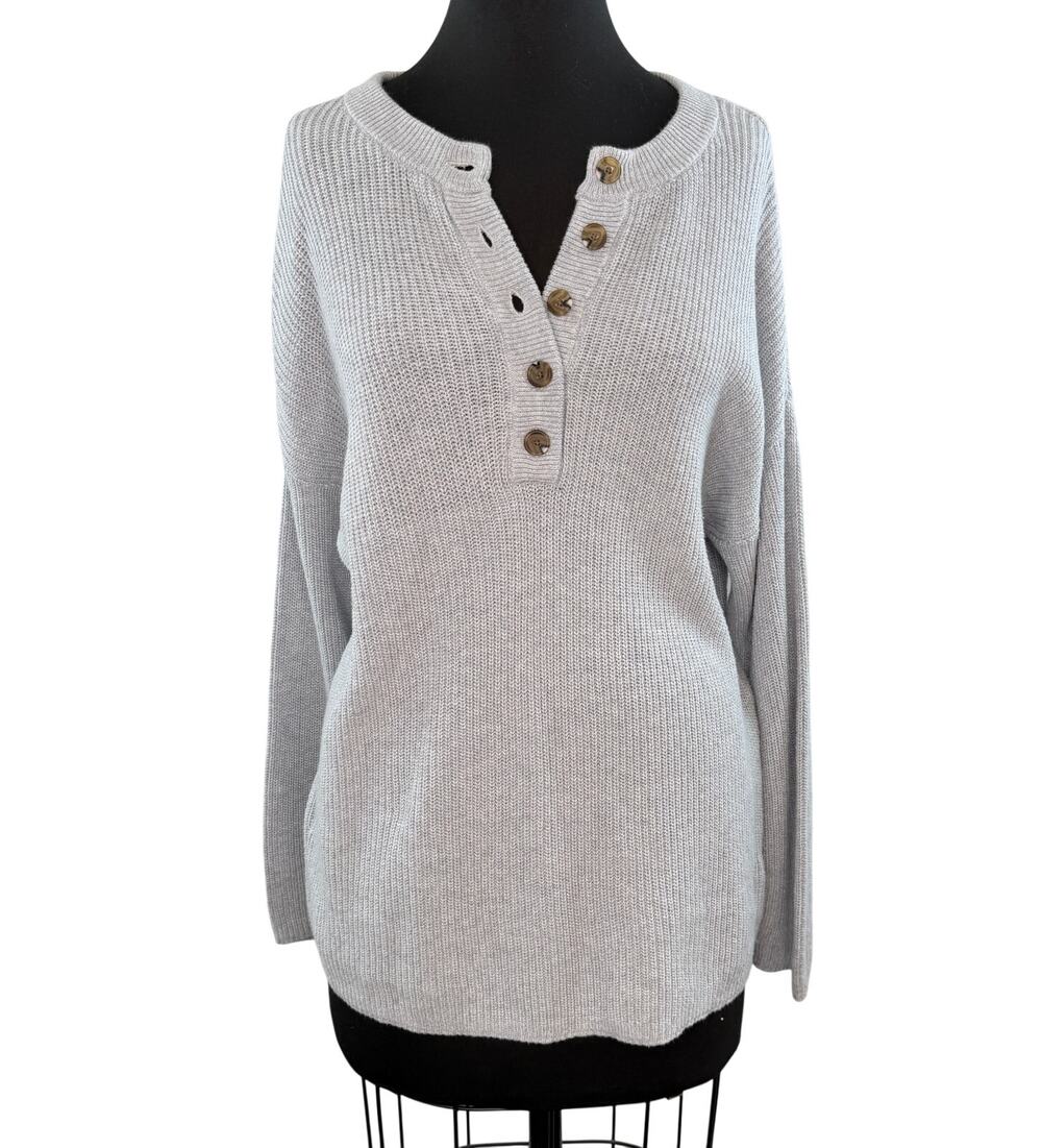 AERIE Heather Gray Sweater Cotton Rib Knit Henley Neck Drop Shoulder S Small